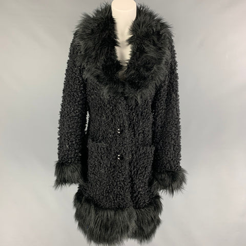 ANNA SUI Size M Black Polyester Textured Faux Fur Coat