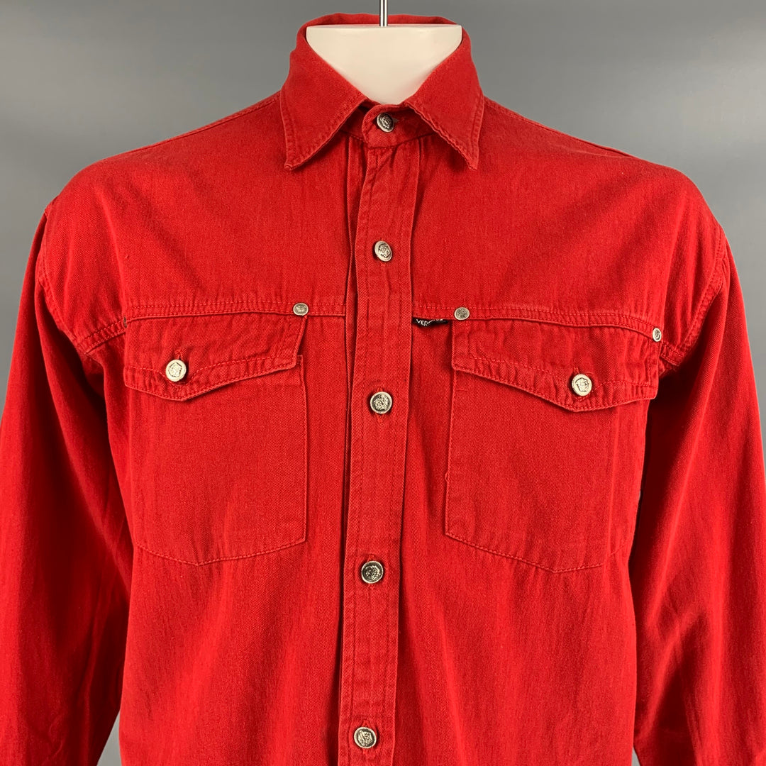 Vintage VERSACE JEANS COUTURE Size XL Red Cotton Button Up Long Sleeve Shirt
