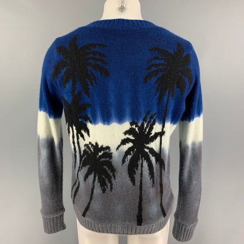THE ELDER STATESMAN Size S Blue Gray Intarsia Tie Dye Palm Tree Cashmere Crew-Neck Sweater