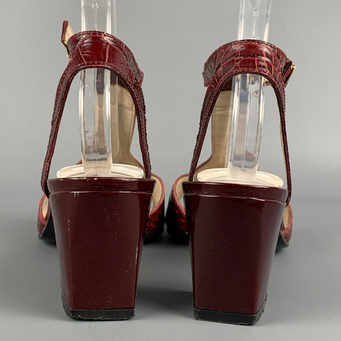 ROBERT CLERGERIE Size 7 Burgundy Embossed Leather T- Strap Sandals
