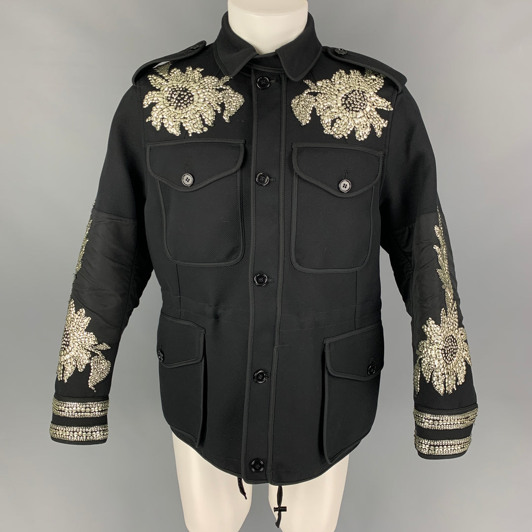 ALEXANDER MCQUEEN SS 17 Talla 38 Abrigo Regalia militar floral negro plateado