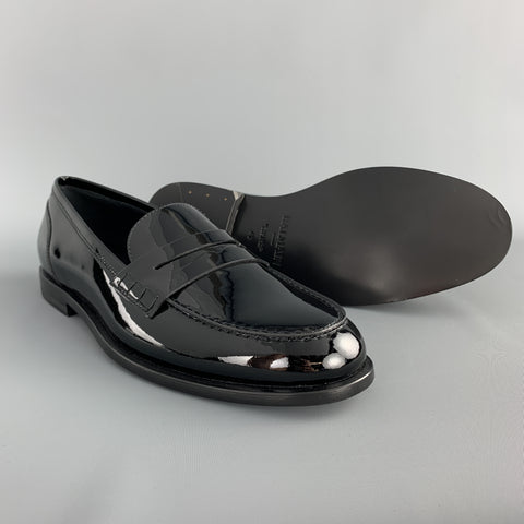 BALMAIN Size 10 Black Patent Leather Slip On Penny Loafers