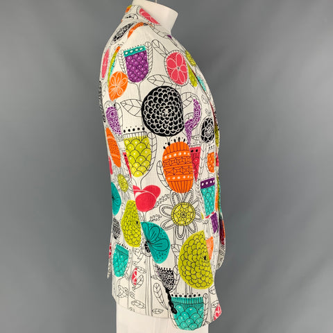 MR TURK Chest Size 40 White Multi-Color Print Cotton &  Spandex Sport Coat