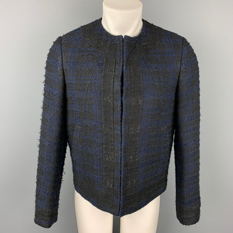 GIVENCHY Talla 38 Chaqueta sin cuello de mezcla acrílica de tweed azul marino y negro