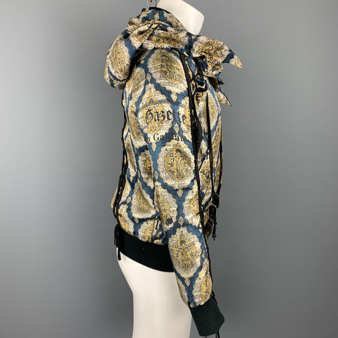 JOHN GALLIANO Size 36 Gold & Teal Newspaper Print Silk Bomber Jacket