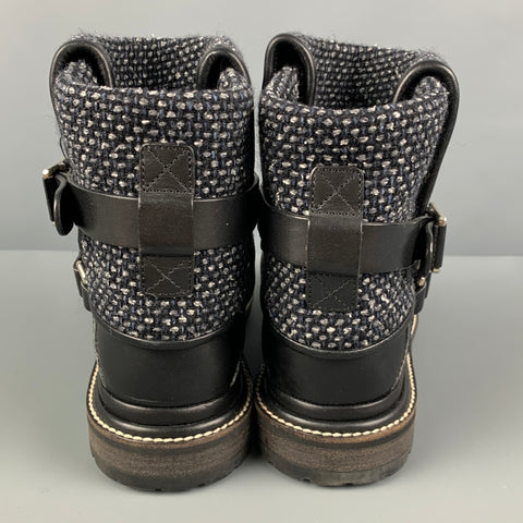 CHANEL Size 7.5 Black Grey Tweed Mixed Materials Pull On Boots