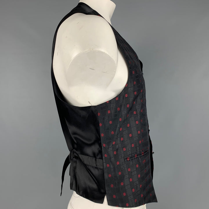 NEIMAN MARCUS Size XL Black Burgundy Jacquard Silk Buttoned Vest