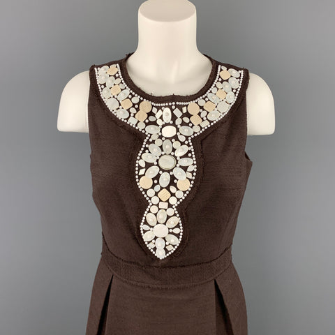 MILLY Taille 6 Robe fourreau en polyester / coton perlé texturé marron