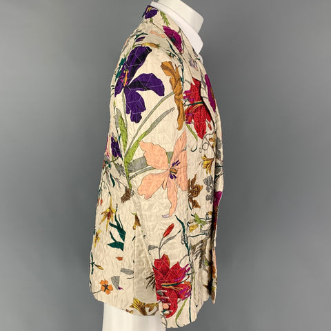 GUCCI Size 40 Beige Multi-Color Floral Silk Double Breasted Sport Coat
