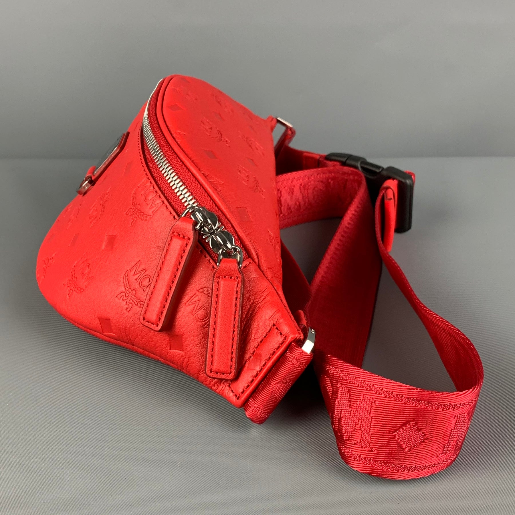 MCM Red Embossed Monogram Leather Belt Bag