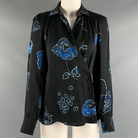 EMPORIO ARMANI Size 2 Black Blue Viscose Floral Blouson Casual Top