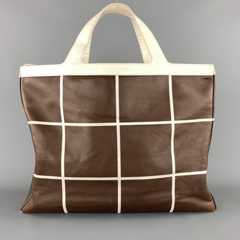 RALPH LAUREN Brown & White Window Pane Print Tote Handbag