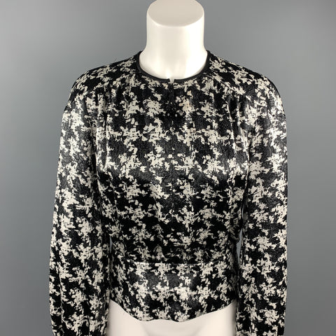 ESCADA Taille 4 Chemisier zippé sans col en soie pied-de-poule métallisé noir et blanc