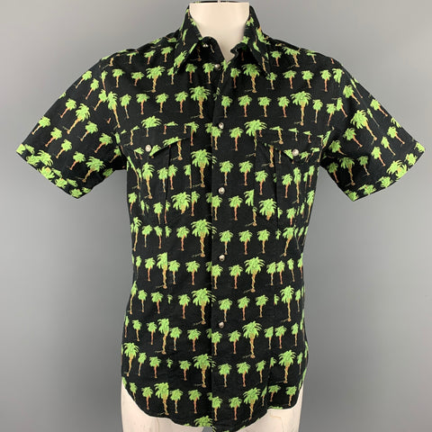 VERSACE JEANS COUTURE Size XXL Black & Green Palm Tree Print Cotton Blend Short Sleeve Shirt