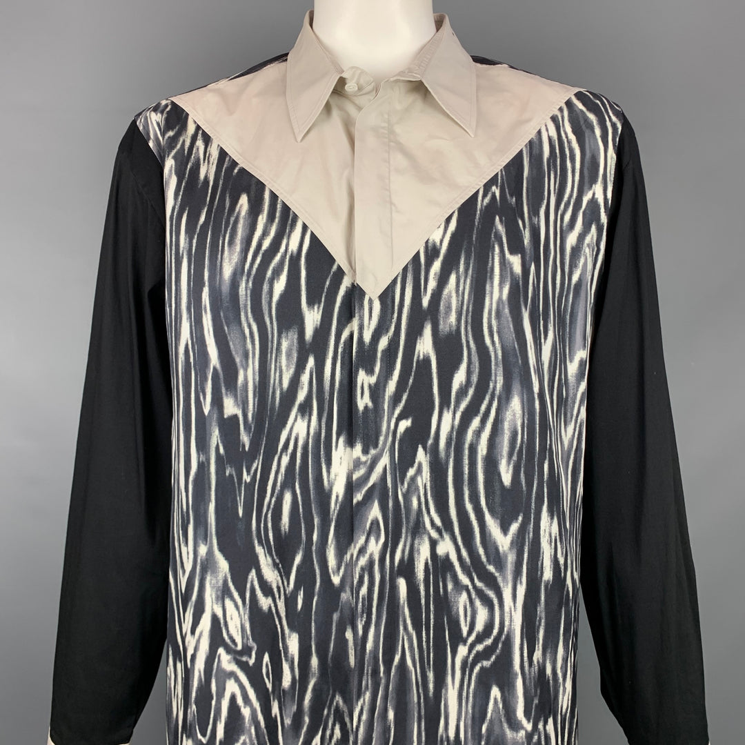 3.1 PHILLIP LIM Size XL Black & Light Grey Print Silk / Cotton Long Sleeve Shirt