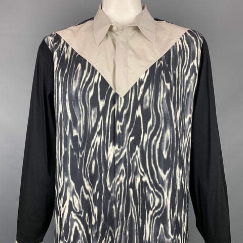 3.1 PHILLIP LIM Size XL Black & Light Grey Print Silk / Cotton Long Sleeve Shirt