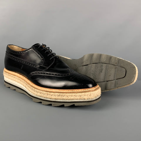 PRADA Size 11.5 Black Perforated Leather Wingtip Lace Up Shoes