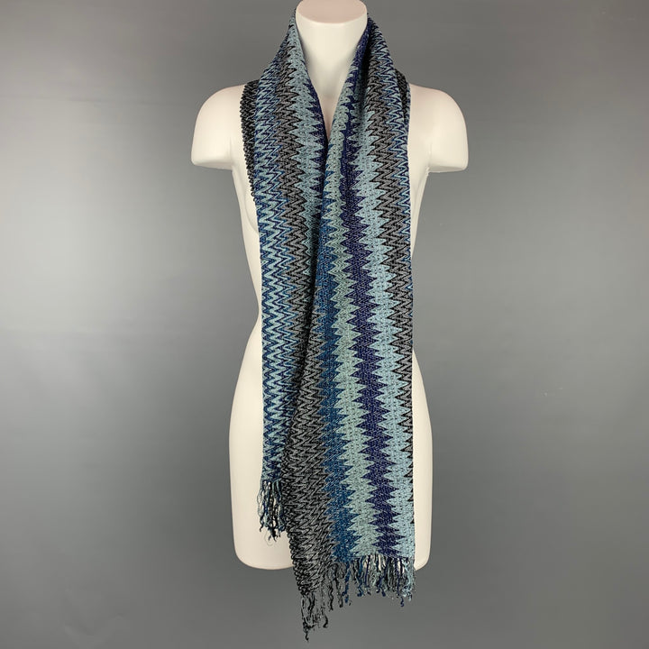 MISSONI Blue & Grey Zig-Zag Knitted Acrylic Blend Scarf