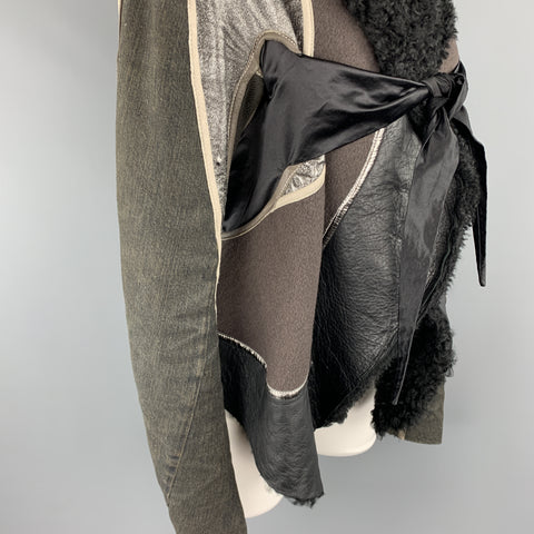 RICK OWENS Size 10 Gray Metallic Leather Patchwork Shearling Collar Tied Jacket