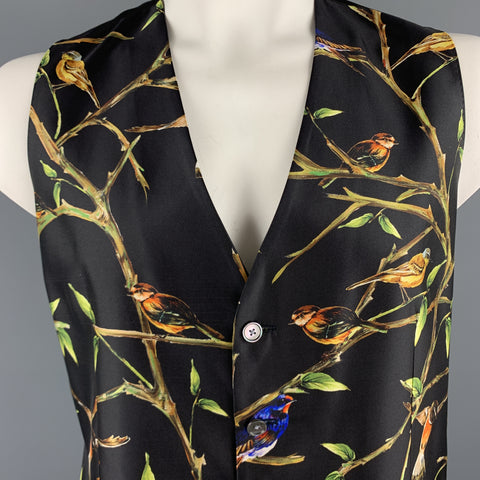 DOLCE &amp; GABBANA Talla 46 Chaleco abotonado de seda con estampado de pájaros negro