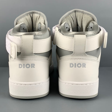 DIOR Size 8 White Grey Logo Leather High Top Sneakers