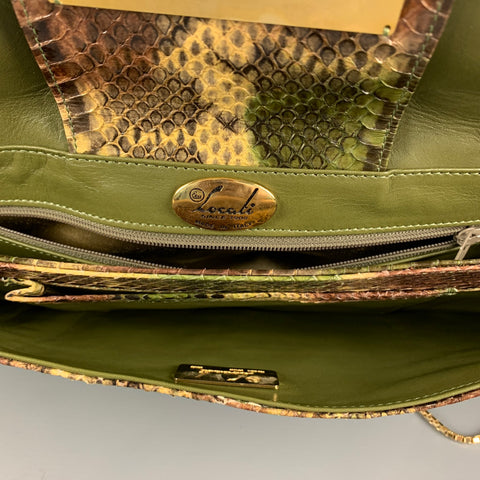 LEU LOCATI Green Beige Snake Skin Clutch Handbag