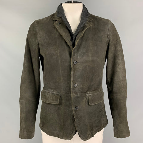 ALLSAINTS Size L Olive Grey Distressed Leather Layered Jacket