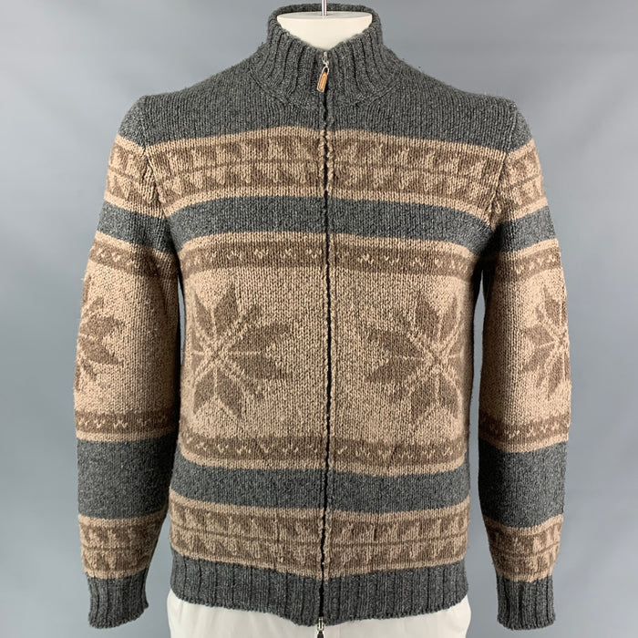 BRUNELLO CUCINELLI Size 42 Grey & Brown Knitted Cashmere Zip Up Jacket