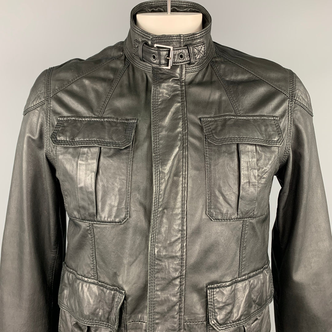 TED BAKER Size L Black Leather Zip & Snaps Zip Up Jacket