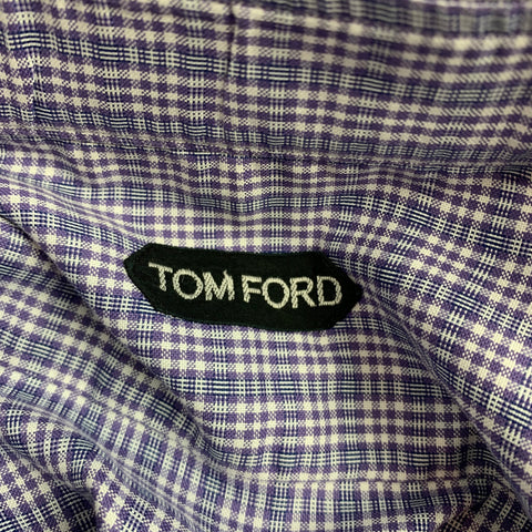 TOM FORD Size XL Navy & White Plaid Cotton Button Up Long Sleeve Shirt