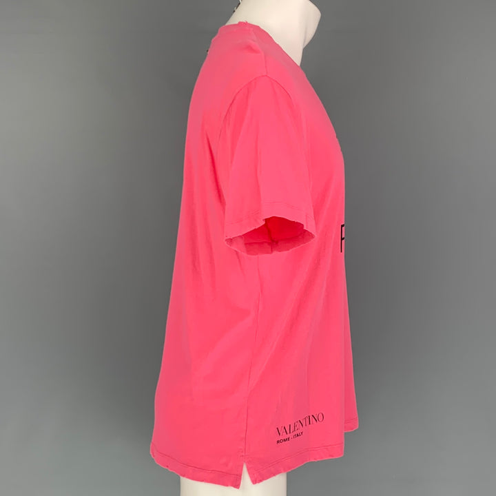 VALENTINO Size M Pink Distressed Cotton Crew-Neck T-shirt