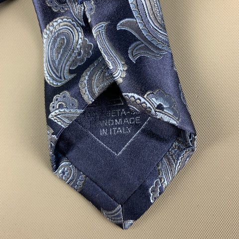 BRIONI Navy Blue Paisley Silk Satin Tie