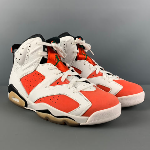 NIKE Air Jordan 6 Retro Talla 10.5 Zapatillas altas de cuero con bloques de color blanco y naranja