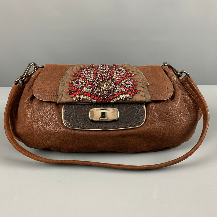 PRADA Brown Red Leather Rhinestones Handbag