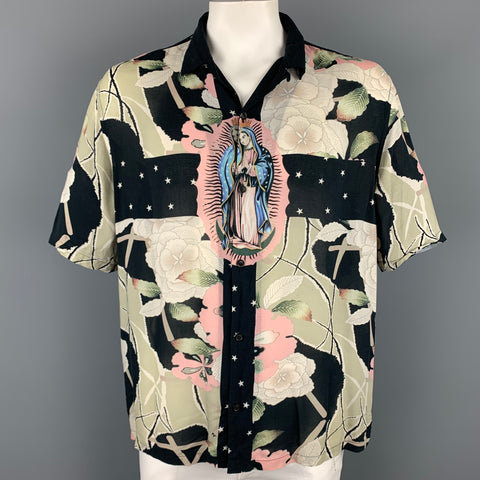 ALLSAINTS Size XXL Black & Beige Print Viscose Camp Short Sleeve Shirt