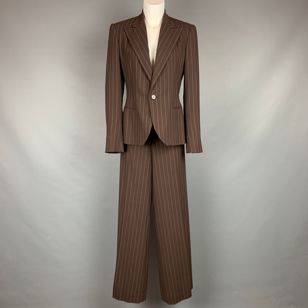RALPH LAUREN Collection Size 10 Brown & Cream Pinstripe Virgin Wool Wide Leg Pants Suit
