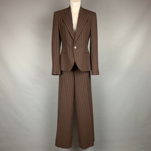 RALPH LAUREN Collection Taille 10 Costume pantalon large en laine vierge à fines rayures marron et crème