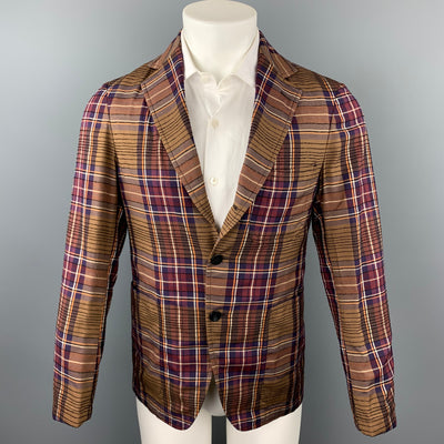 TOMORROWLAND Size 36 Brown & Burgundy Plaid Rayon Blend Sport Coat