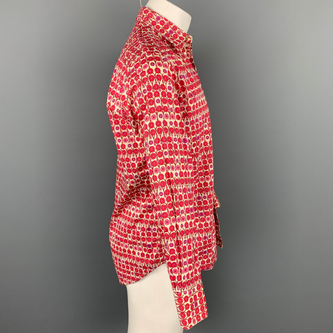ROBERT GRAHAM Talla S Camisa de manga larga con botones de algodón floral rojo y blanco