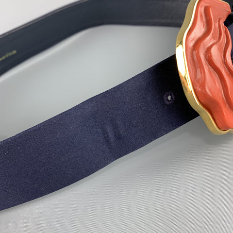 OSCAR DE LA RENTA Size 8 Navy Silk Gold Tone Coral Enamel Buckle Belt
