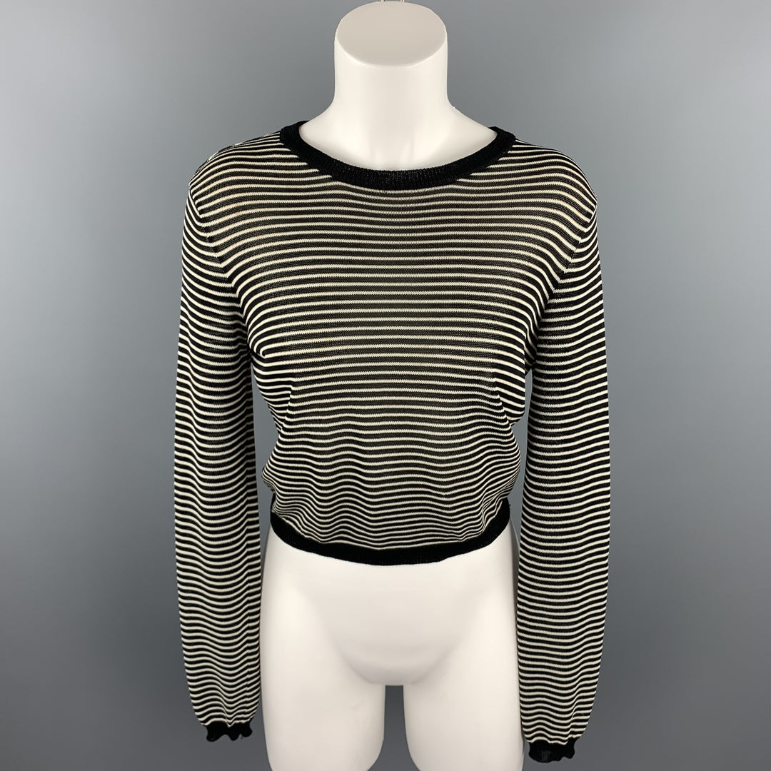 RALPH LAUREN COLLECTION Size S Black & White Knitted Stripe Rayon Blend Crew-Neck Pullover