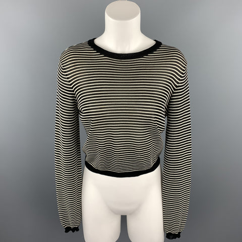 RALPH LAUREN COLLECTION Size S Black & White Knitted Stripe Rayon Blend Crew-Neck Pullover