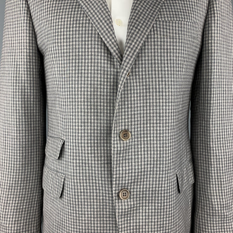 BRUNELLO CUCINELLI Gray Gingham Wool / Linen / Silk Blend Notch Lapel Sport Coat