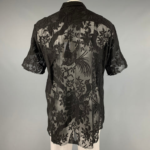 BY WALID Size L Black Lace Cotton Button Up Short Sleeve Shirt