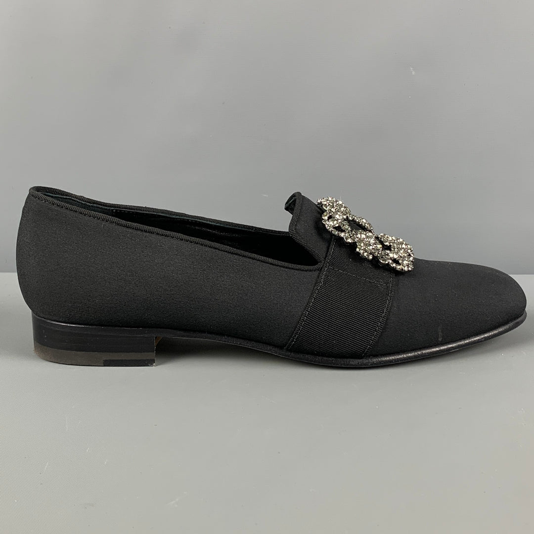 MANOLO BLAHNIK Size 9 Black Applique Silk Slip On Loafers