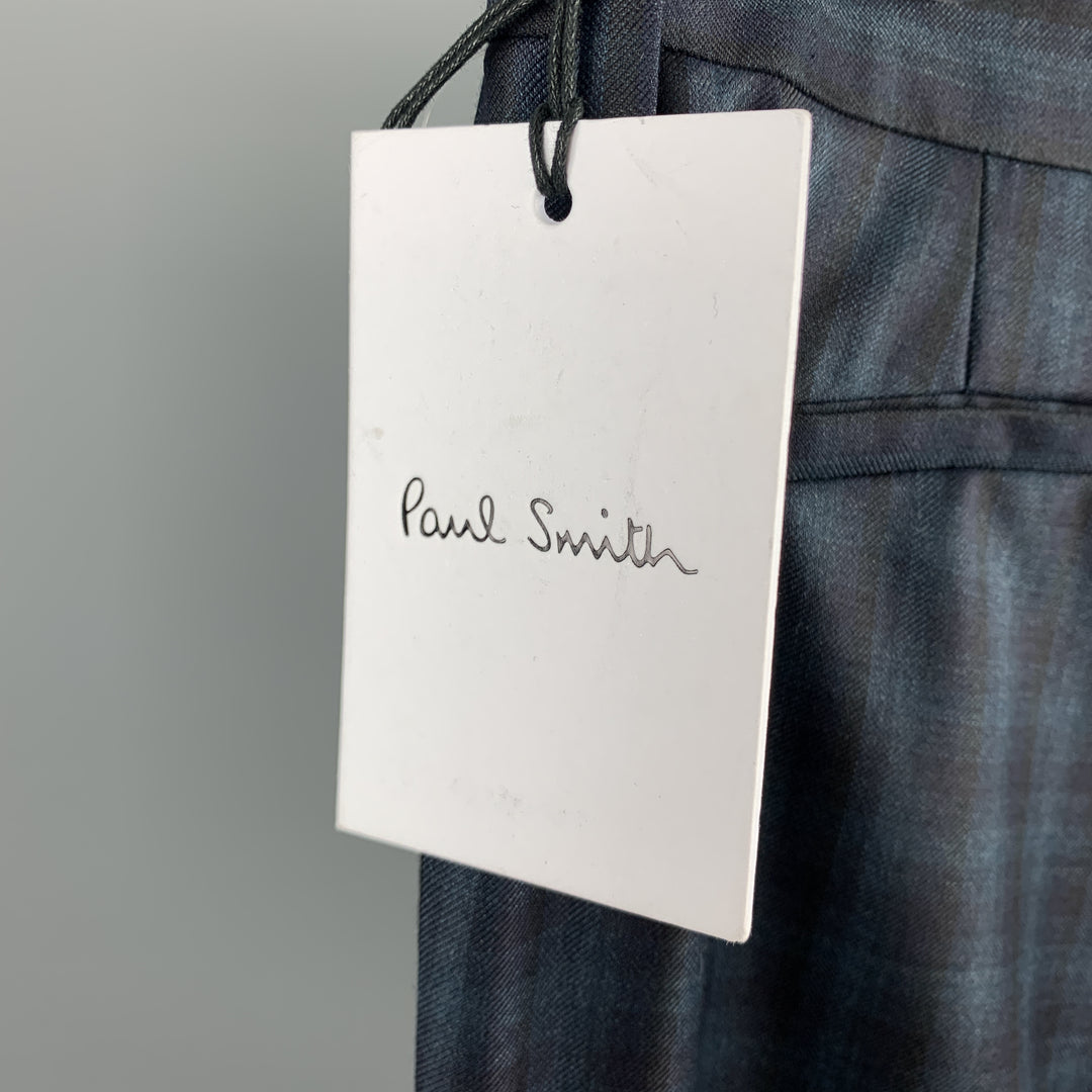 PAUL SMITH Talla 32 Pantalón de vestir con bragueta de lana y lana a cuadros azul marino