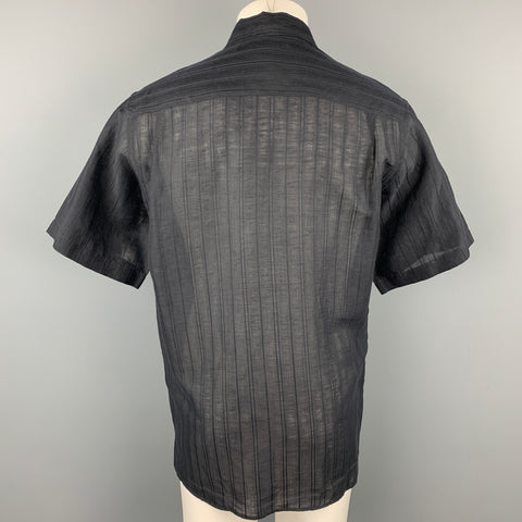ERMENEGILDO ZEGNA Size M Black Vertical Linen / Cotton Stripe Short Sleeve Shirt