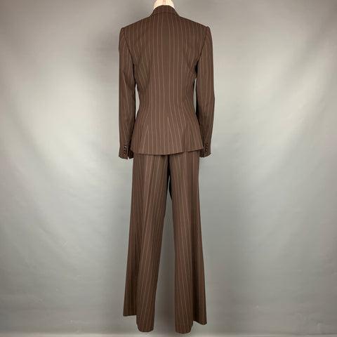 RALPH LAUREN Collection Size 10 Brown & Cream Pinstripe Virgin Wool Wide Leg Pants Suit