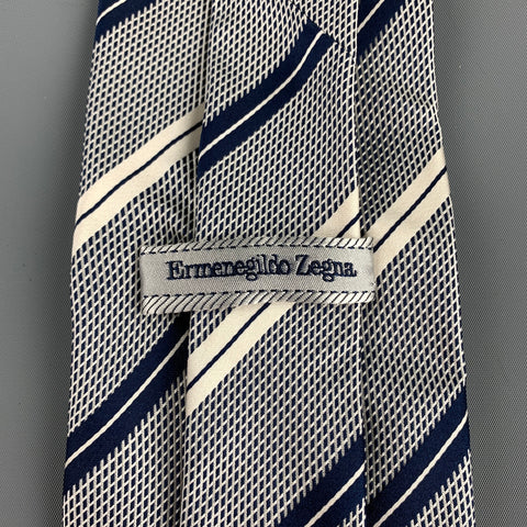 ERMENEGILDO ZEGNA Navy & White Diagonal Stripe Silk Tie