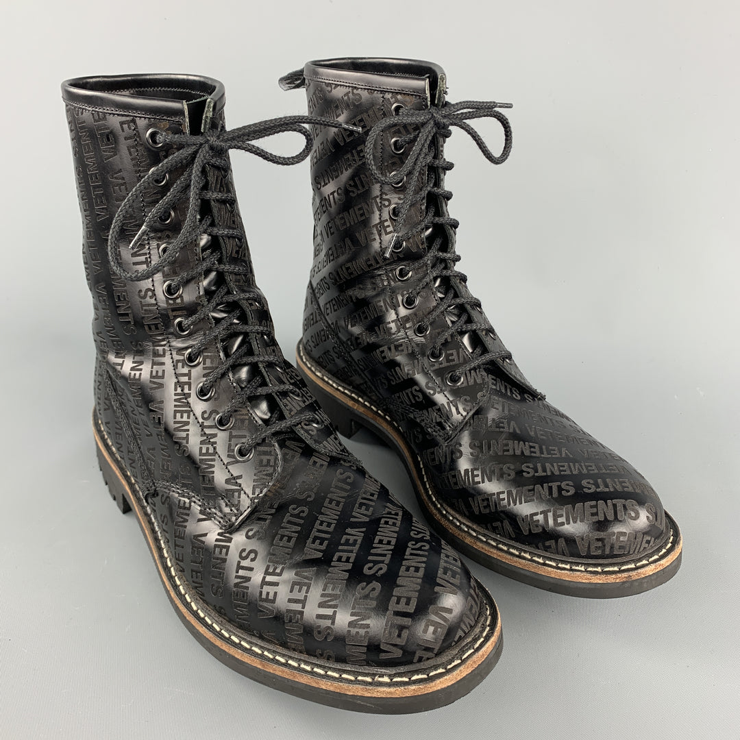 VETEMENTS Size 9 Black Logo Leather Lace Up Boots
